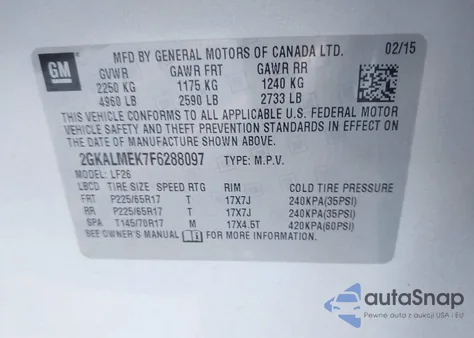 2015 GMC Terrain Sle-1 from USA, damaged, VIN 2GKALMEK7F6288097